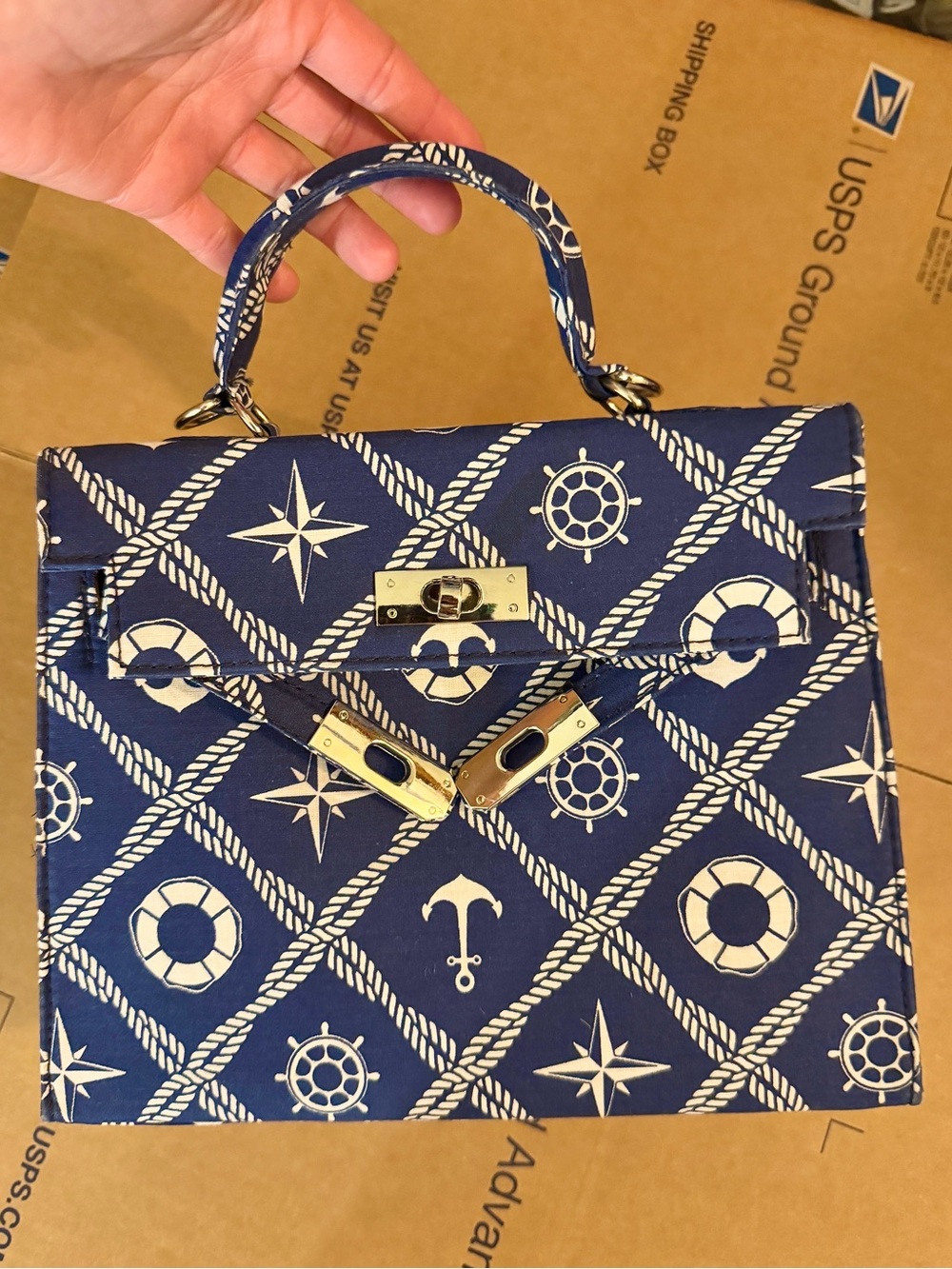 Nautical small Top-Handle crossbody Bag in Navy and White